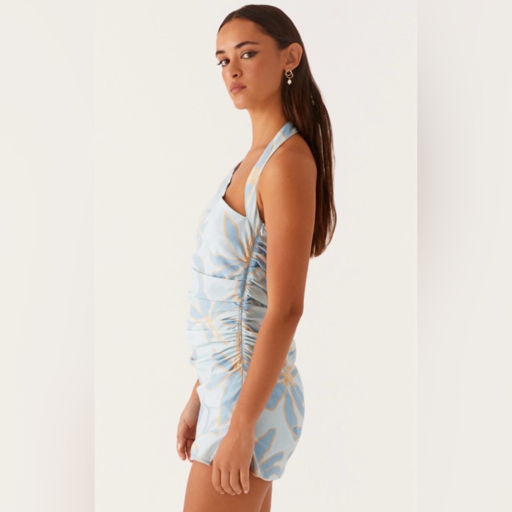 Peppermayo Annalissa Linen Mini Dress in Opulent Blue Side Ruching Size 4 NWT - Picture 3 of 13